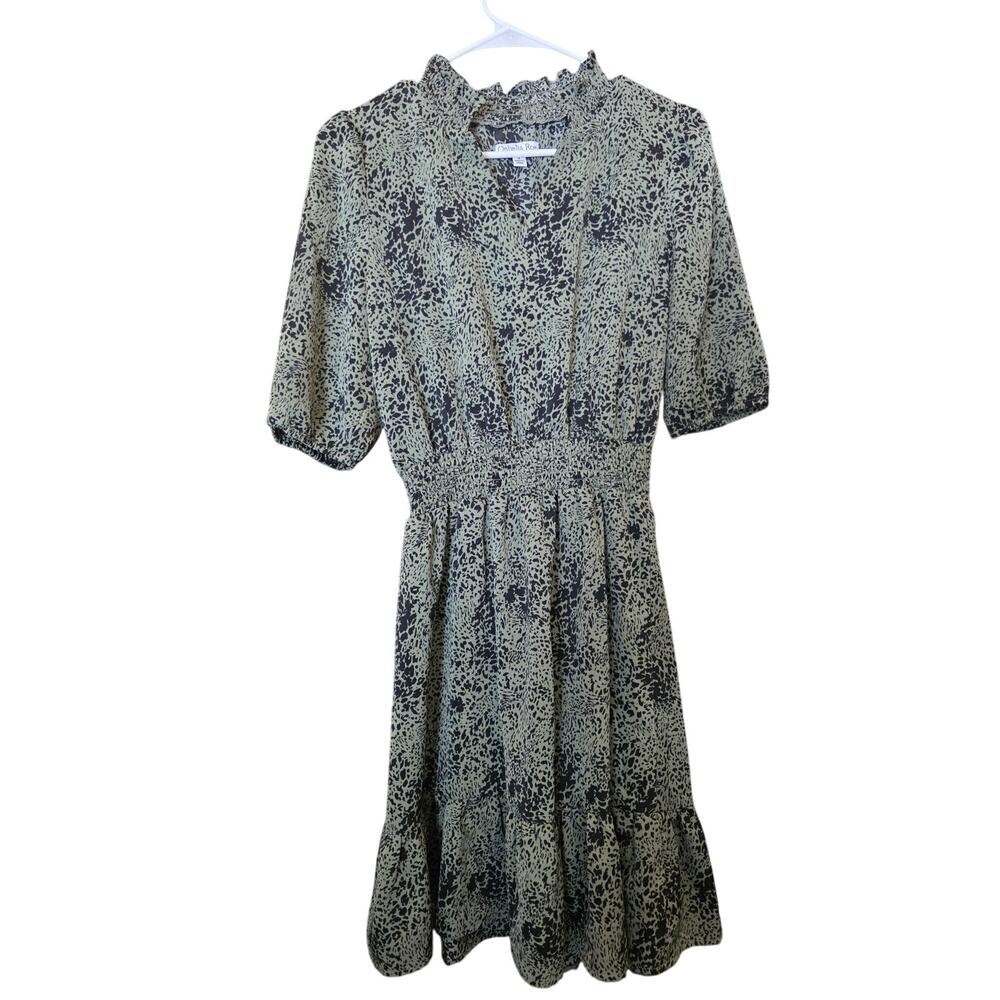 Ophelia Roe Coquette Half Sleeve Midi Dress S Womens V Neck Green Black